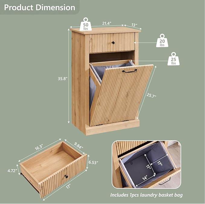 IFBUY Modern Tilt-Out Laundry Hamper Cabinet, 10 Gallon Fluted Trash Can Cabinet with Drawer, Wooden Hidden Garbage Can Cabinets with Laundry Basket, Free Standing for Bathroom & Kitchen, Natural Oak - Image 2