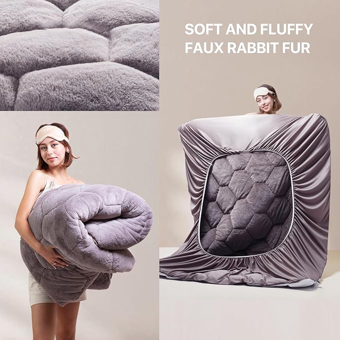 Faux Fur Fitted Mattress Pad Quilted Bottom Sheet, Fluffy Mattress Protector Cover, Luxury Soft Fitted Sheet Mattress Topper with 8-21" Deep Pocket Queen