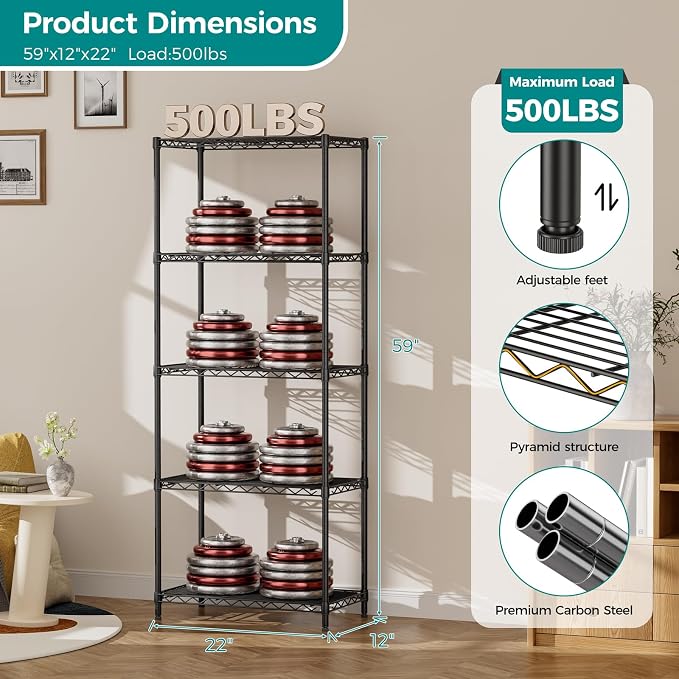 SINGAYE Shelf Wire Shelving Adjustable Storage Shelves Rack Standing Units for Kitchen Closet Laundry Bathroom Organizers Metal Pantry Narrow Mesh Gaps 12" D x 22" W x 59" H Black - Image 3