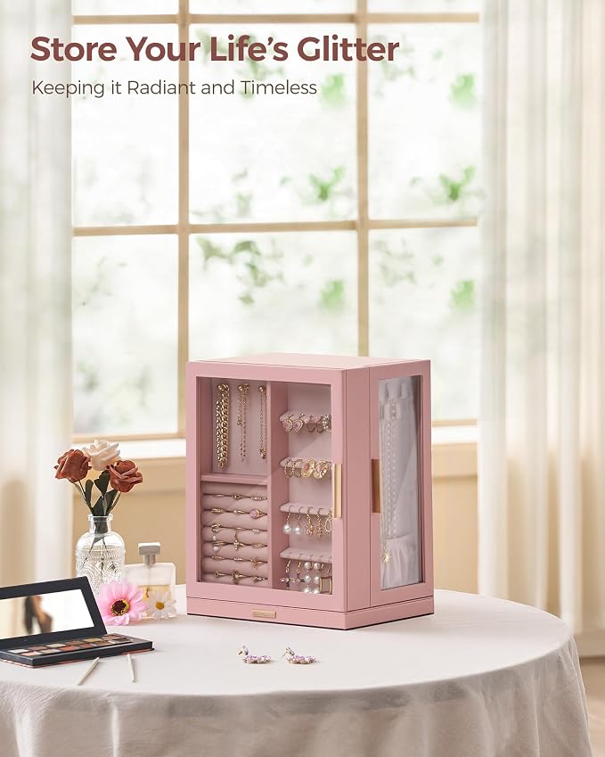Glimmloop 360° Rotating Jewelry Box with 5 Drawers, Spacious Vertical Jewelry Organizer with Glass Window, Jewelry Storage Case, Dustproof & Moisture-resistant Design, Pink - Image 2