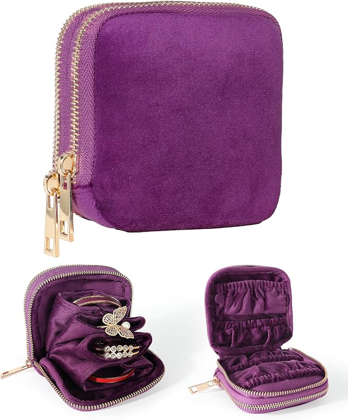 COOLYOUTH Travel Jewelry Case Organizer for Women Portable Jewelry Box with Small Pouches Mini Jewelry Bag for Rings, Bracelets, & Bangles with Smooth Metal Zipper (Plum Purple) by COOLYOUTH