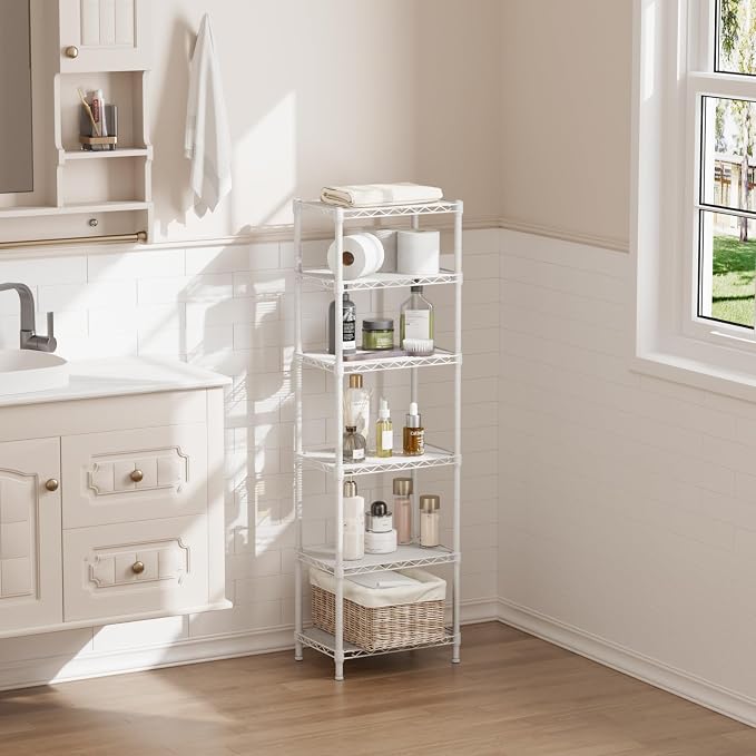 SINGAYE 6 Shelves Storage Shelf Wire Closet Bathroom Organizers Metal Pantry Kitchen Small Garage Shelving Unit Laundry Room Organization Home Corner Rack Estantes para Cocina White 10" Dx16 Wx60”H - Image 9