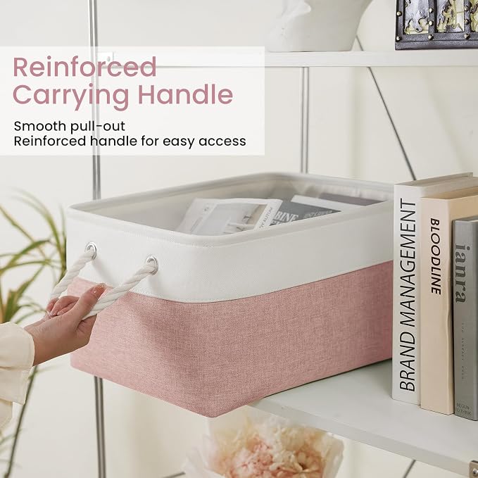 Large Storage Baskets- 15.7x11.8x8.26 inch Storage Bins for Shelves and Closet Organizing, Foldable Fabric Bin for Home Organization Clothes and Laundry (1-Pack, White&Pink) - Image 4