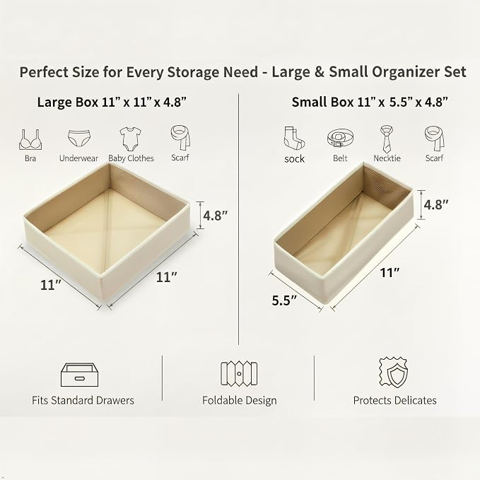Underwear Drawer Organizer 2 Pack - Foldable Fabric Storage Bins for Dresser & Closet, Khaki Sock and Bra Dividers, 2 Sizes for Bedroom Organization - Image 2