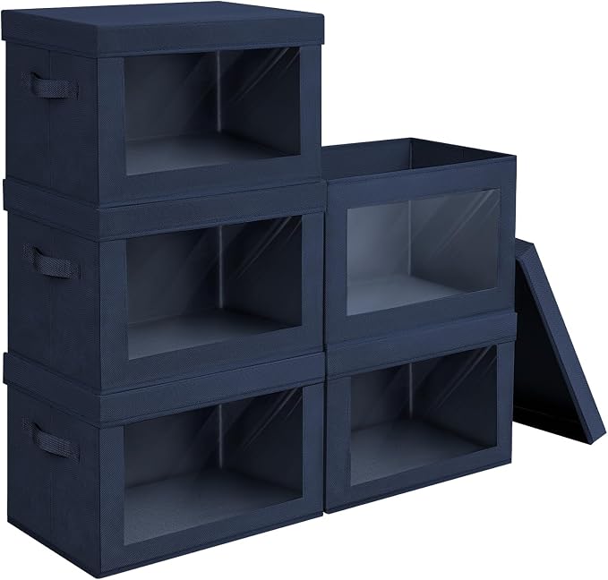Homsorout Stackable Storage Bins with Lids - Medium Storage Box with Lids, Foldable Closet Boxes for Organizing, Wardrobe Clothes Organizer with Window, Cubes Bins for Living Room, 5 Pack, Navy Blue by Homsorout
