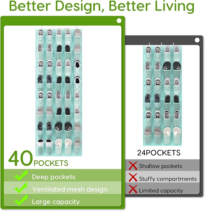 Unjumbly Over the Door Shoe Organizer with 40 Large Breathable Mesh Pockets, Space Saving Shoe Holder, Hanging Shoe Rack for Entryway Bedroom Closet Storage (Mint Blue, 40 Pockets) - Image 5