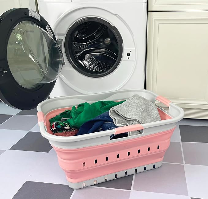 SAMMART 42L (11 gallon) Collapsible Plastic Laundry Basket - Foldable Pop Up Storage Container/Organizer - Space Saving Hamper/Basket (1, Grey/Quartz Pink) - Image 6