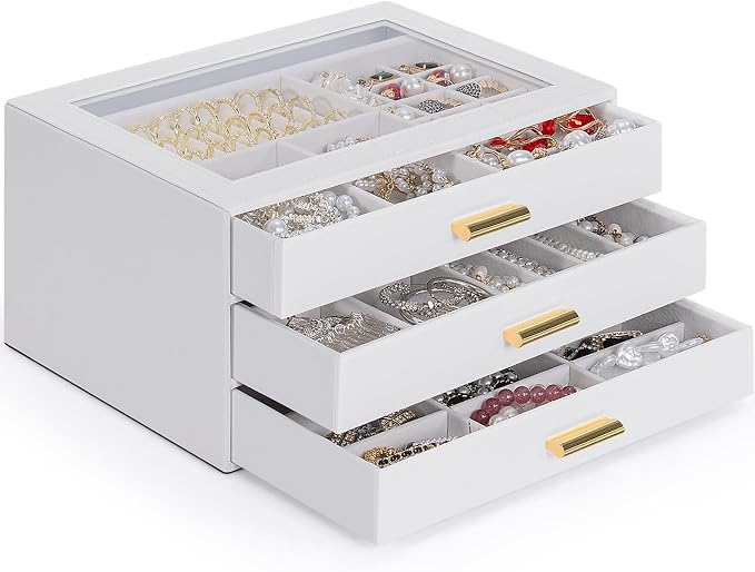 AKOZLIN Jewelry Box with Clear Lid Functional Leather Jewelry Storage Organizer Case 3 Drawers for Women Girls Necklace Ring Bracelet Earring - Image 7