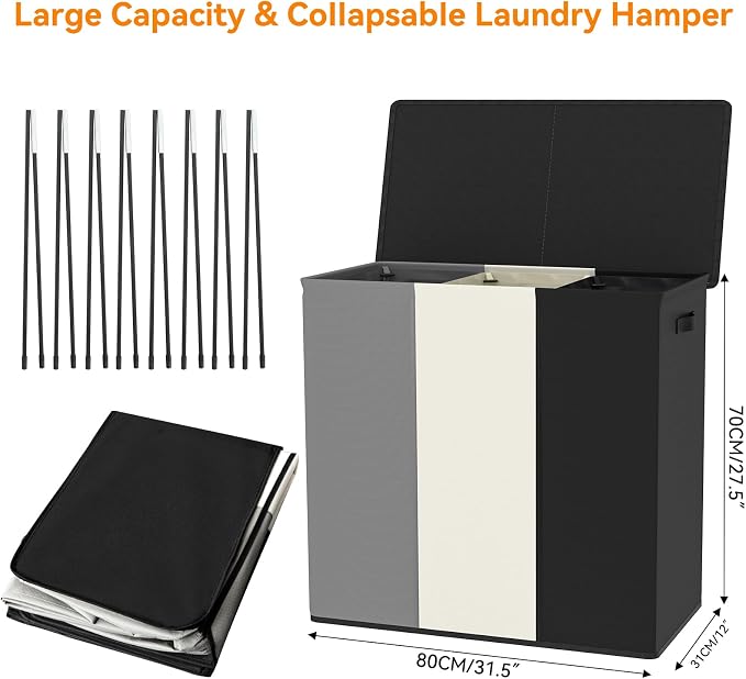 WOWLIVE 180L Laundry Hamper with Lid 3 Section,Large Laundry Basket with Removable Bags and Handles,Collapsible Dirty Clothes Hampers for Laundry,Laundry Basket Organizer for Laundry Room,Dorm - Image 5