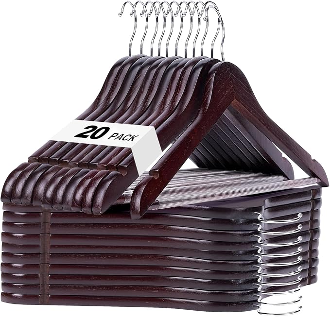 HOUSE DAY Cherry Wooden Hangers 20 Pack, Heavy Duty Wooden Coat Hanger for Closet, Solid Wood Hanger with Non Slip Pant Bar, Smooth Finish Wood Clothes Hangers for Shirts, Suits Jackets, Dress by HOUSEDAY