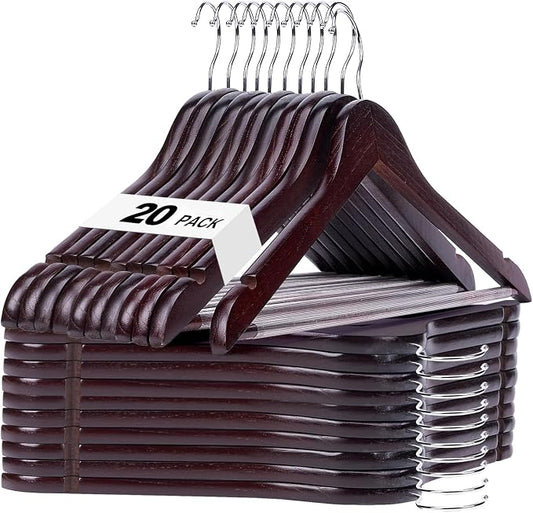 HOUSE DAY Cherry Wooden Hangers 20 Pack, Heavy Duty Wooden Coat Hanger for Closet, Solid Wood Hanger with Non Slip Pant Bar, Smooth Finish Wood Clothes Hangers for Shirts, Suits Jackets, Dress by HOUSEDAY