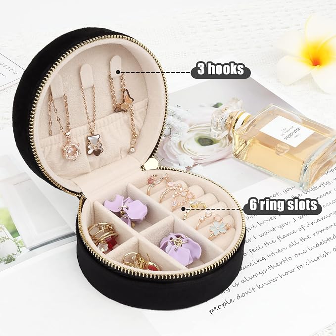 DesignSter Travel Jewelry Box - Velvet Mini Jewelry Organizer, Small Jewelry Case for Girls Women, Jewelry Storage Box for Rings Earrings Necklace (Circular, Black) - Image 4