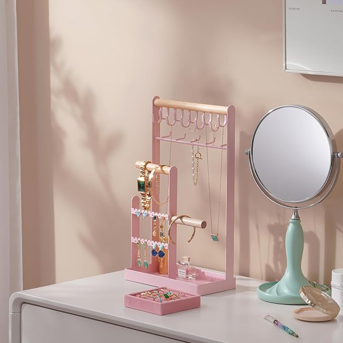 ProCase Cute Jewelry Stand, Aesthetic Jewelry Organizer for Dresser Vanity, Jewelry Holder Display for Necklaces Earrings, Gifts for Teen Girls Women, Bedroom Dorm Decor -Large, Pink - Image 2