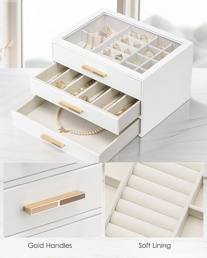 Vlando Jewelry Box for Women, Glass Lid Jewelry Organizer with 3 Drawers for Necklaces Rings Earrings Bracelets Christmas Gift - White - Image 5