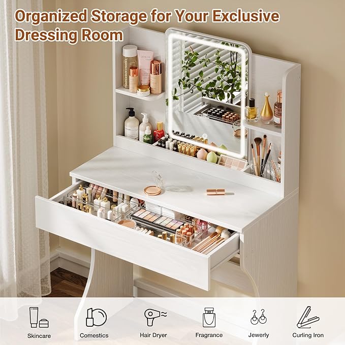 Driftalia Small Vanity Desk with Mirror and Lights, Makeup Vanity with Storage Drawer, 2 Shelves and 3 Compartments - White