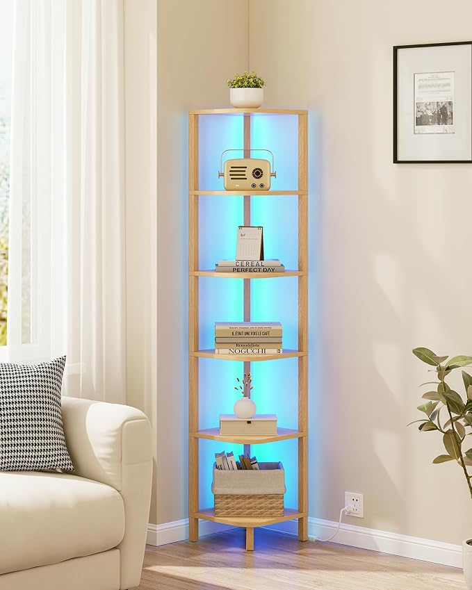 TUTOTAK Corner Shelf with LED Light, 6-Tier Corner Bookshelf for Small Space, Narrow Display Corner Shelf Stand with Storage Rack, for Living Room, Bedroom, Natural BS08BN006L - Image 6