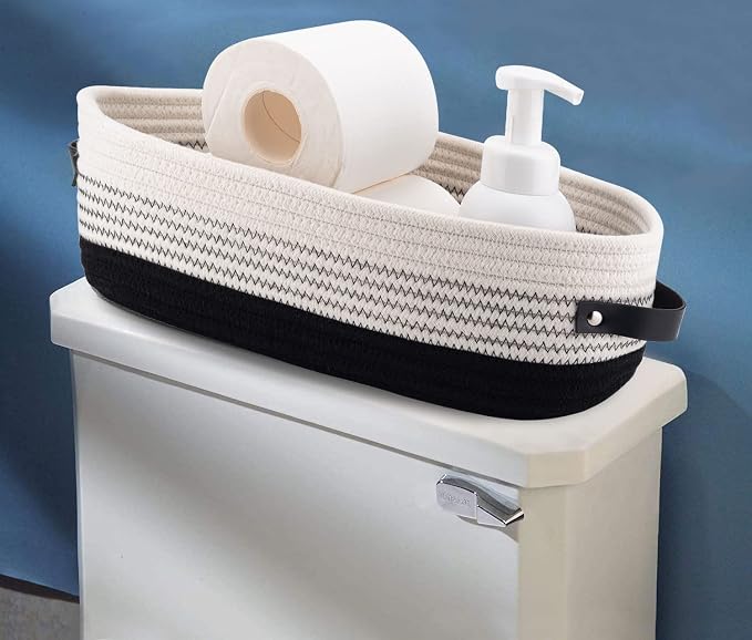 2 Pack Cotton Rope Toilet Basket Bathroom Decor Baskets, Toilet Paper Holder Basket, Farmhouse Home Decor Organizing 13"x5.9"x4" Black - Image 3