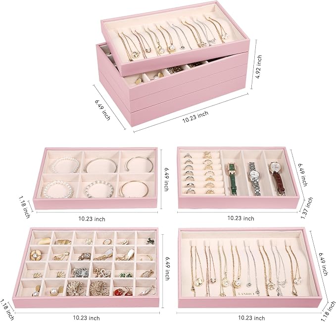 LANDICI Stackable Jewelry Organizer Trays 4 Set,PU Leather Jewelry Organizer Drawer,Jewelry Storage Display Tray for Earring Necklace Rings Bracelet with Removable Dividers,Rose Gold - Image 5