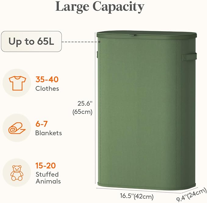 Lifewit Slim Laundry Basket with Lid, Narrow Large Laundry Hamper with Plastic Handles and Removable Bag, Tall Foldable Dirty Clothes Hampers for Laundry Room, Bedroom, Bathroom, Dorm, 65L Green - Image 3