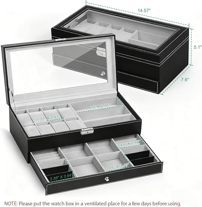 TomCare Watch Box Watch Case Jewelry Organizer Holder Jewelry Display Box Case Sunglasses Storage Organizer Lockable with Glass Top and PU Leather for Men Women, Black - Image 2