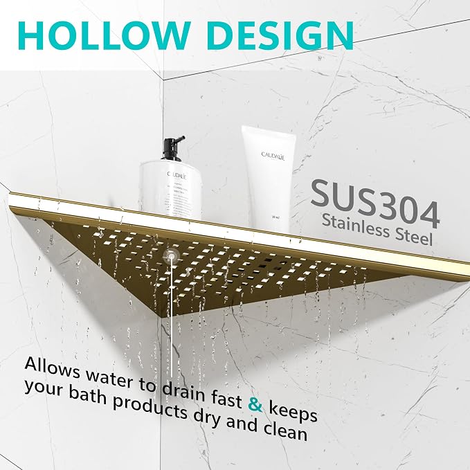 Qeke Bathroom Corner Shelf, Recessed 10" Shower Shelf Caddy, SUS304 Stainless Steel Shelf Wall Mount Triangular, No Drilling, Brushed Golden - Image 4