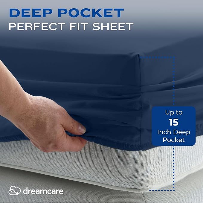 DREAMCARE Twin XL Sheet Sets - 4 pcs Breathable Cooling Bed Sheets - up to 15" Deep Pocket Twin XL Sheets Set with Side Pockets - Extra Soft 100% Brushed Hypoallergenic Hotel Luxury Bedding- Navy Blue