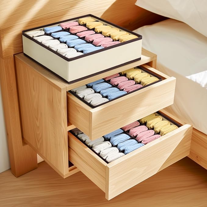 Sock Organizer 4 Pack, Large Sock Drawer Divider, Underwear Storage 24 Cell Closet Organizers and Storage for Wardrobes, Drawers. (Beige) - Image 4