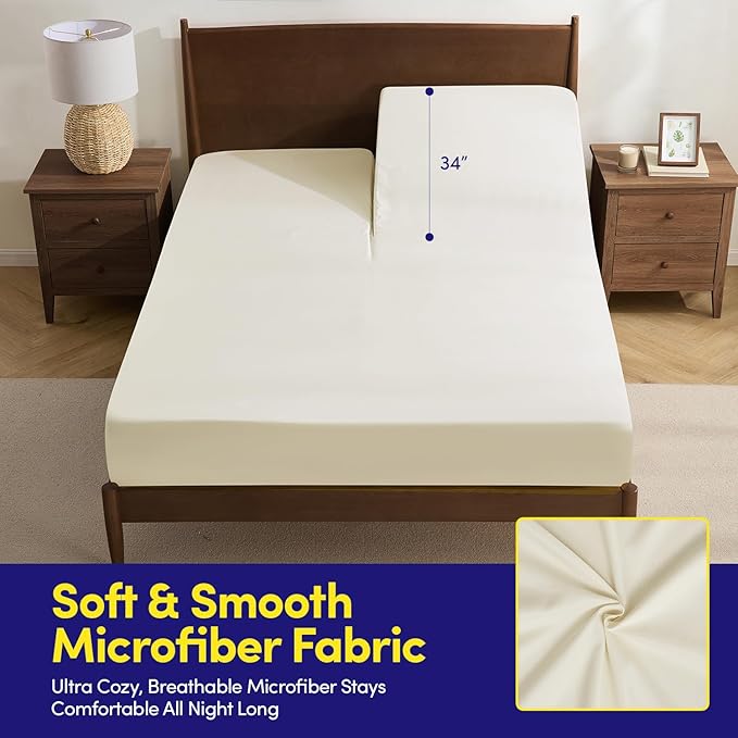 Split Head King Sheets Set for Adjustable Beds 4 Piece Flex Top Bed Sheets – Deep Pocket Split Top Fitted Sheet with Built-in Corner Straps, Luxury Soft Cooling Bedding, Wrinkle Resistant, Ivory
