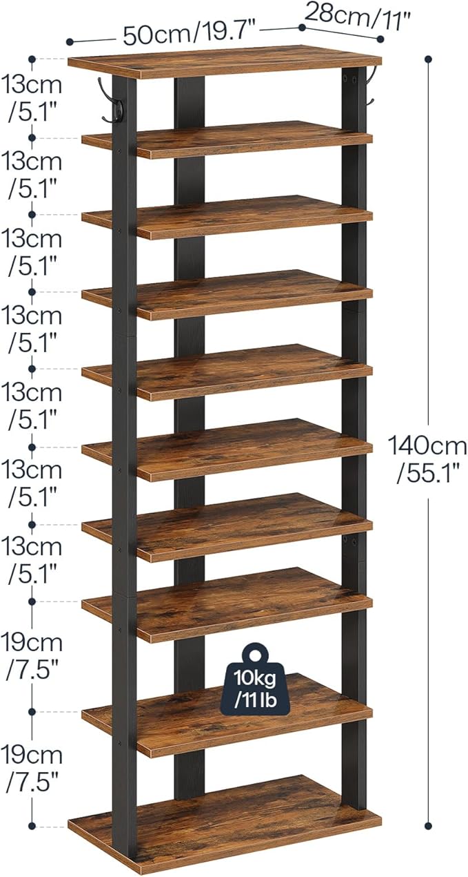 HOOBRO 10 Tiers Vertical Shoe Rack, Wooden Shoe Storage Organizer with Hooks, Narrow Shoe Tower for 20 Pairs, Space Saving, for Entryway, Living Room, Bedroom, Rustic Brown FG140XJ01 - Image 6