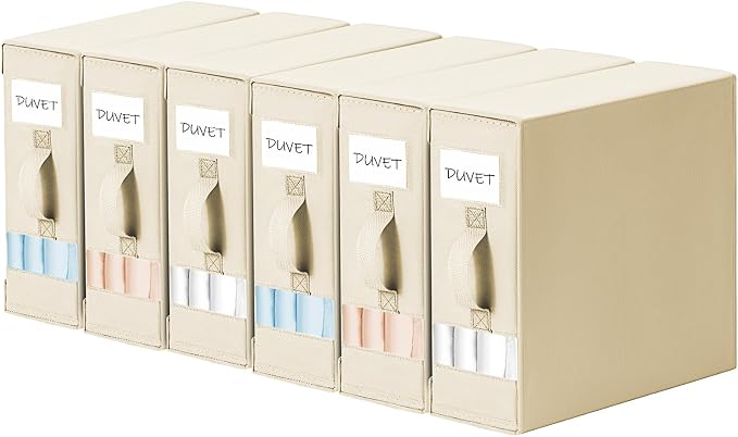DIMJ Bed Sheet Organizers and Storage 6 Pack - Foldable Sheet Holder for Linen Bedding Storage Box for organization, Sheets Set Holder for Blanke, Towel (King & Queen Size), Beige by DiMJ