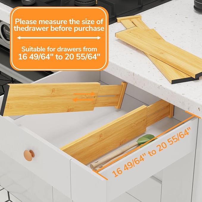 BAMEOS 4" High Drawer Dividers Bamboo Separators Organization Expandable Organizers for Kitchen Bedroom Bathroom Dresser Office 4-pack - Image 3