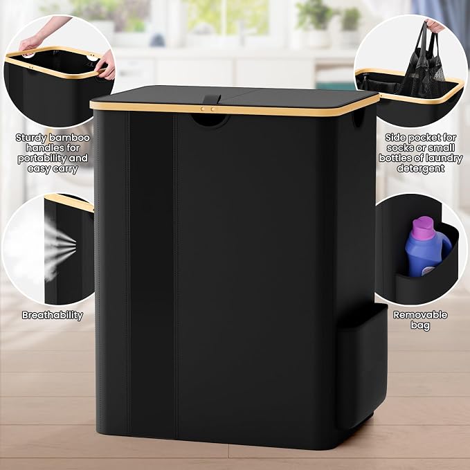 BlissTotes Laundry Basket with Lid, 150L Clothes Laundry Hamper with Handles and 2 Removable Laundry Bags, Breathable Design Hamper with Lid for Bedroom, Bathroom, Dorm, Laundry Room -Black - Image 3