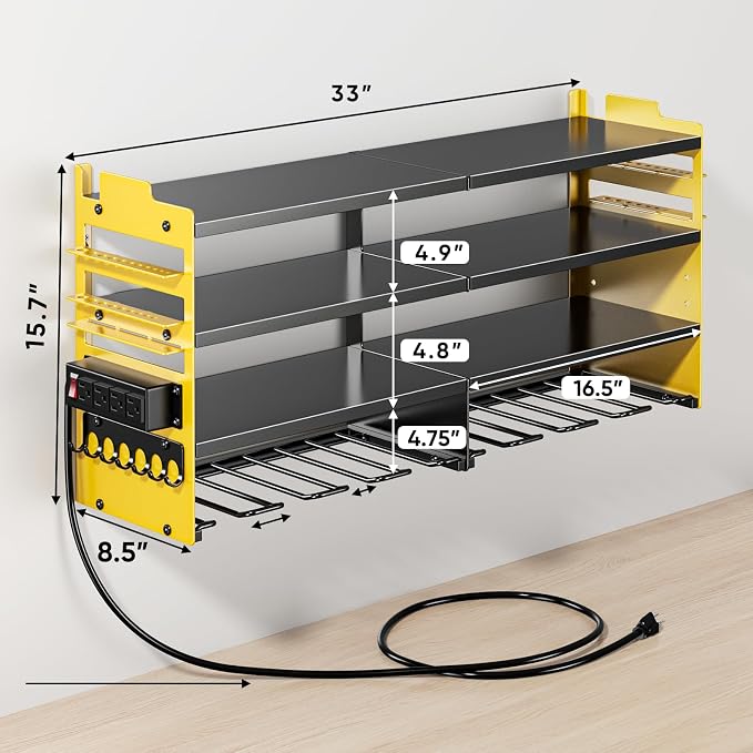 POKIPO Large Power Tool Organizer Wall Mount with Charging Station,4 Layer Heavy Duty Metal Storage Rack Loads 600lbs with 8 Cordless Drill Holder,Battery Utility Rack Gift for Garage workshops Room - Image 7