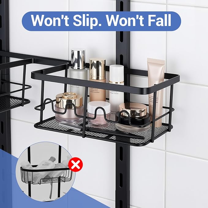 Extra Large Shower Caddy Hanging, Rust-Resistant Shower Organizer Hanging, 3 Tier Height-Adjustable Over the Head Caddy, Rack with Soap Basket (Black) - Image 4
