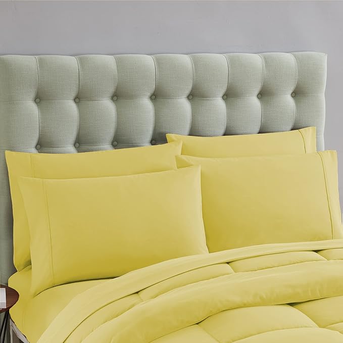 Sweet Home Collection 5 Piece Comforter Set Bag Solid Color All Season Soft Down Alternative Blanket & Luxurious Microfiber Bed Sheets, Yellow, Twin