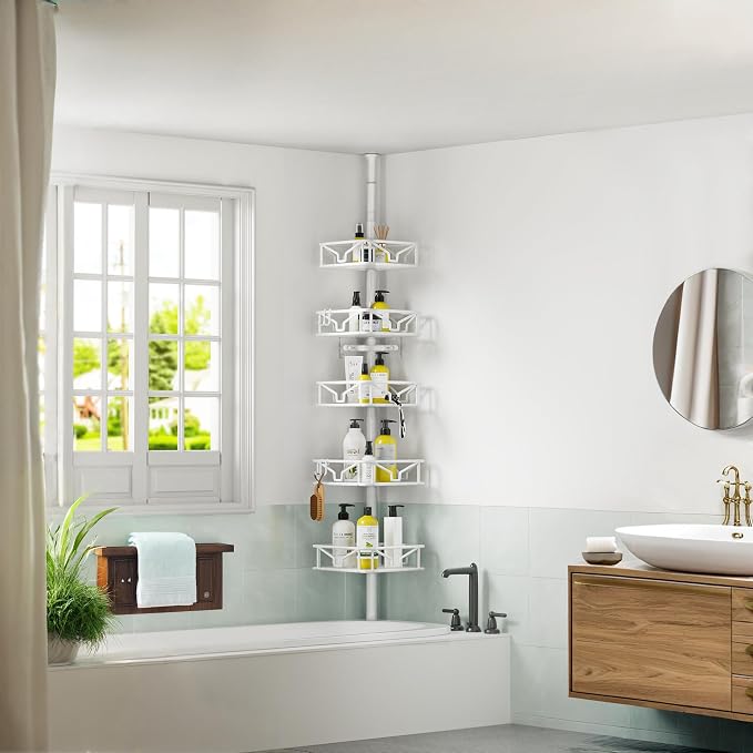 Skycarper 5 Tier Adjustable Corner Shower Caddy Organizer with Hooks,Rustproof Tension Pole 62-116 Inch,White - Image 2