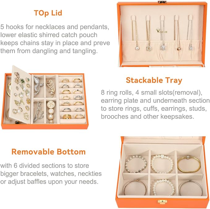 Voova Jewelry Box Organizer for Women Girls, 2 Layer Large Men Jewelry Storage Case, PU Leather Display Jewellery Holder with Removable Tray for Necklace Earrings Rings Bracelets, Vintage Gift,Orange - Image 2