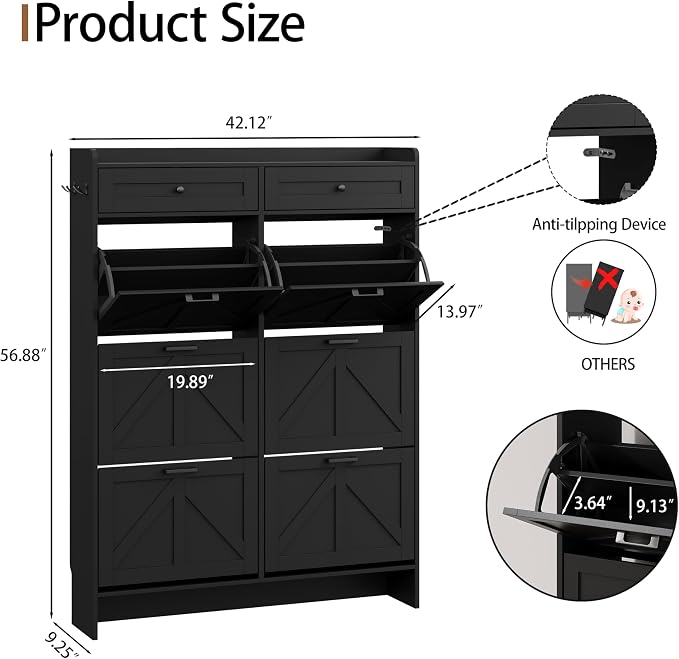 Shoe Cabinet with 6 Flip Drawers & 2 Top Drawers, 57" Tall Freestanding Narrow Wooden Shoe Storage Organizer for Entryway, Hidden Slim Shoe Rack for Front Door Entrance, Hallway, Living Room, Black - Image 2