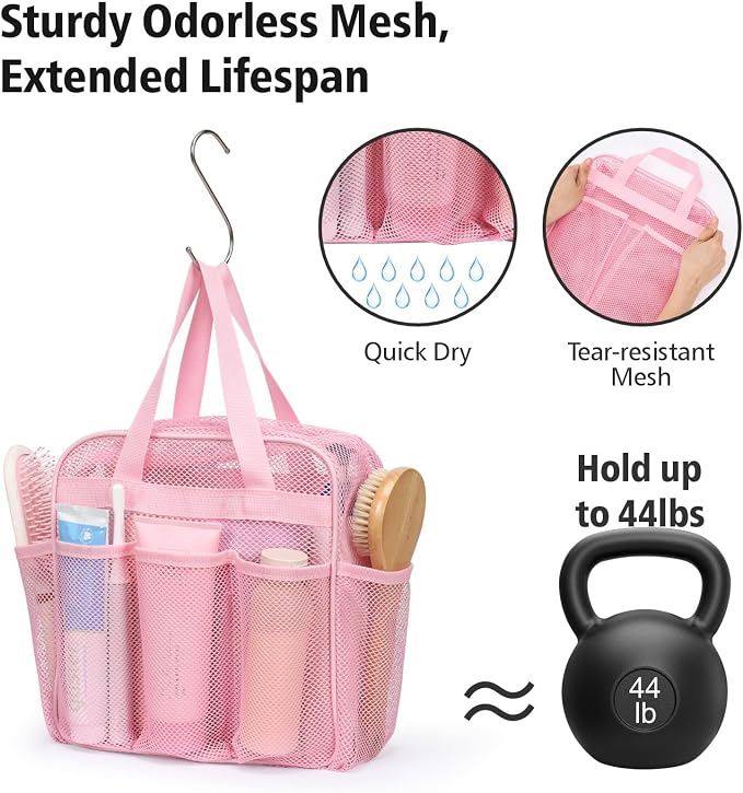 F-color Mesh Shower Caddy Portable with Zipper - Upgrade Deeper 7 Pockets Dorm Room Essentials for Guys Girls with S Hook, Shower Bag Basket Tote for College Camping Toiletry Bathroom, Pink - Image 5