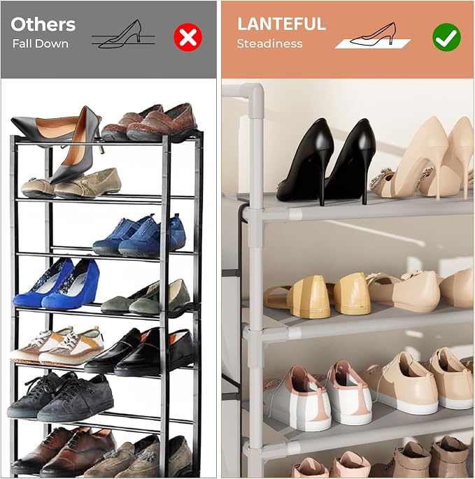 LANTEFUL 6 Tier Shoe Rack Storage for 24-30 Pairs Shoe and Boot, Shoe Organizer with Hook and Side Pocket Free Standing Long Shoe Shelf Tall Shoe Rack Organizer for Closet, Entryway, Dorm, Grey - Image 6