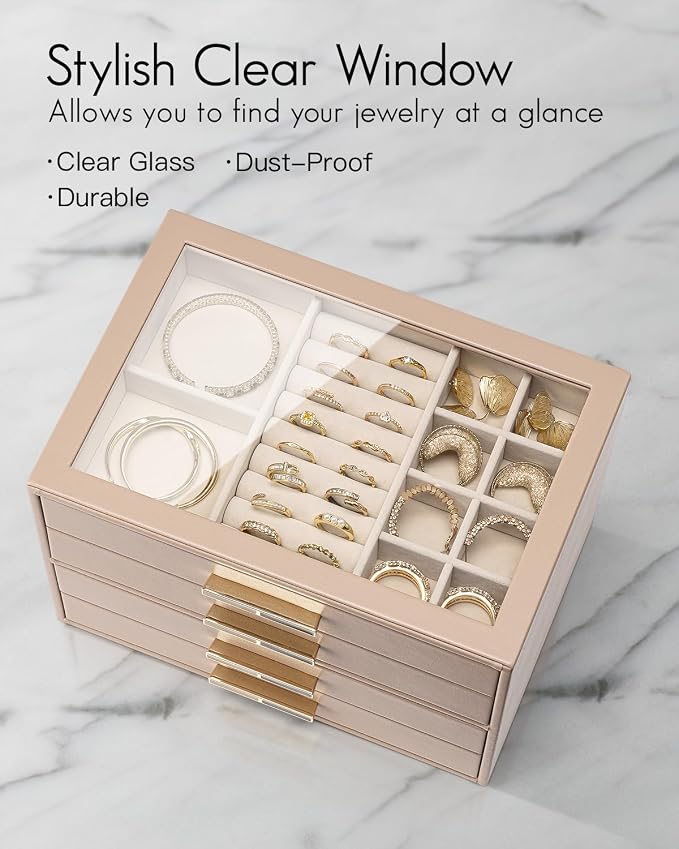 VLANDO 4 Layer Jewelry Box for Women, Mothers Day Gifts for Women, Glass Lid Jewelry Organizer with 4 Drawers for Necklaces Rings Earrings Bracelets - Toffee - Image 5