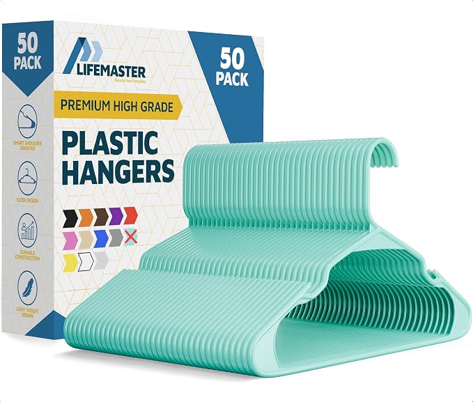 Lifemaster Plastic Clothes Hangers – Heavy Duty Hanger Set, for Organizing Clothes, Dresses, and Coat, Holds Up to 5 lbs, Space-Saving Hangers with Non-Slip Shoulder Grooves, Pack of 50, Aqua by LIFEMASTER