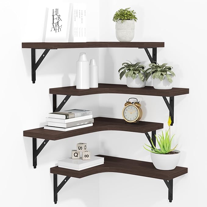 ROMGUAR CRAFT Corner Floating Shelves Wall Mounted Set of 4, Rustic Wood Storage Display Shelves for Home Decor, Bathroom, Kitchen, Bedroom, Living Room, Office (Brown) by ROMGUAR+CRAFT
