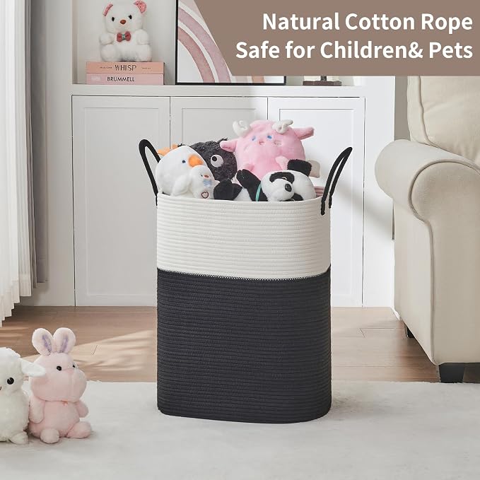 AINUOQI Laundry Basket with Handles - Blanket Basket & Hampers for Bedroom Aesthetic, Laundry Hamper & Blanket Storage for Living Room, Clothes Hamper, Tall, Large 17" x 14" x 25”, White & Black - Image 7
