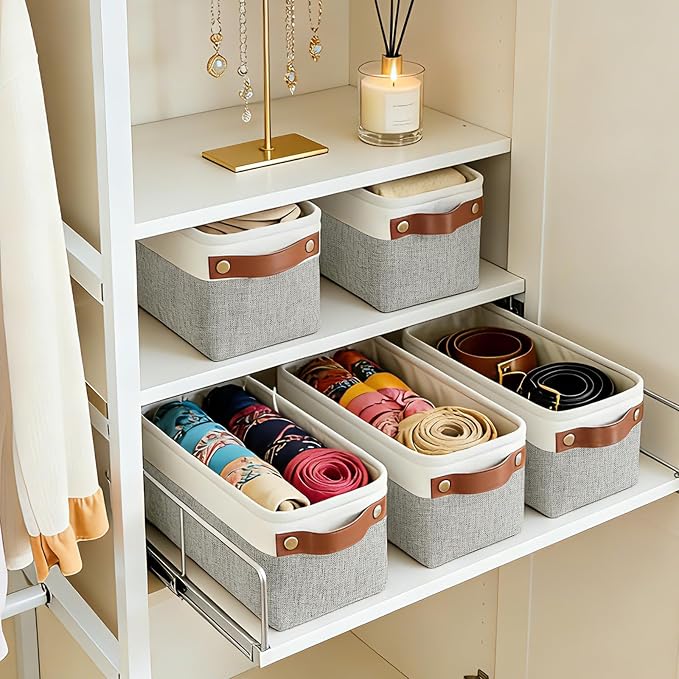 Bagnizer Small Fabric Storage Baskets, 15x6x5 inch Narrow Storage Bins 4-Pack Long Storage Basket for Organizing with Handles, Decorative Basket for Closets, Shelves, Toilet Paper, Grey - Image 5