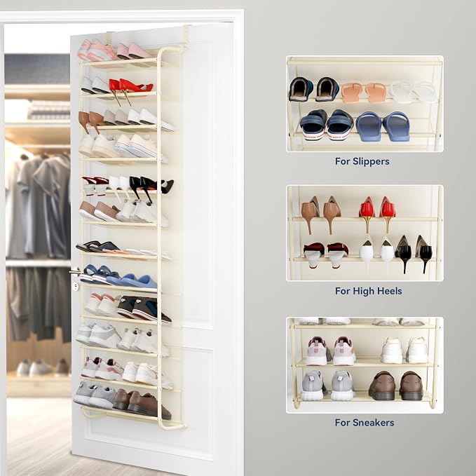 Whitmor 36 Pair Over The Door Shoe Organizer, 12 Tier Hanging Shoe Organizer, Heavy Duty Metal & Mesh Shoe Holder, Hanging Shoe Rack for Closet Organizer & Storage, 69"L x 21.7"W x 7.5"H, Beige - Image 5