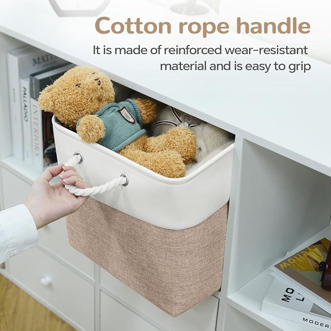 12 x 12 Inch Cube Storage Bins, 4 Pack Fabric Storage Basket with Handles, Foldable Boxes Organizer for Shelf Baskets for Home, Clothes (White/Khaki) - Image 2
