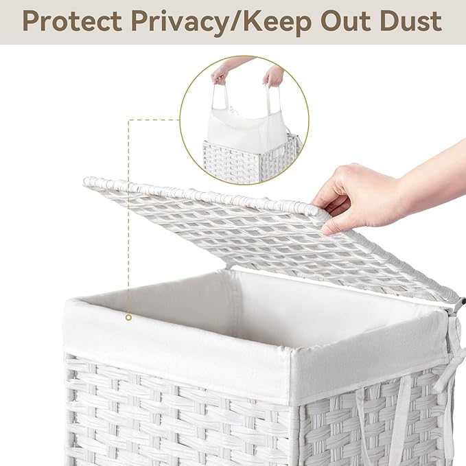 Chrislley 90L Slim Laundry Hamper with Wheels, Rolling Laundry Basket with Lid and Renovable Liner Bag, Handwoven Rattan Organizer for bedroom, bathroom, laundry room (White) - Image 4