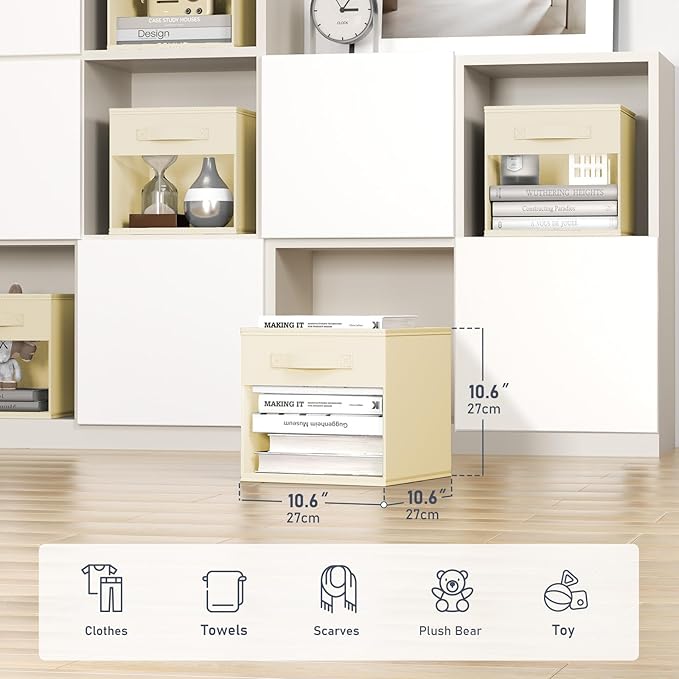 DIMJ Cube Storage Bin, 6 Packs Collapsible Storage Bins with Handles, Fabric Bins for Organization, Cube Storage Organizer Bins for Closet Organization and Storage, Beige - Image 2
