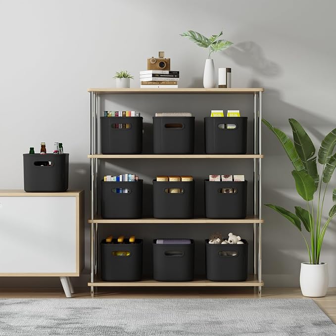 ORGIDOL 6 Pack Black Storage Bins with Lids Stackable Storage Container for Organizing, Black Storage Boxes with Handle for Shelves, Cute Organizer Bins for Craft, Snacks, 9.85x6.9x5.7 inch - Image 3